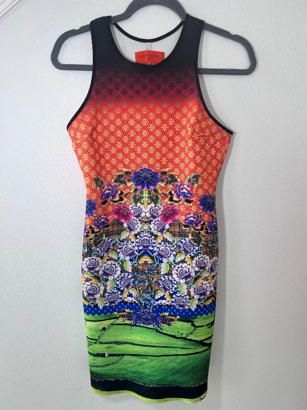 Clover Canyon Vibrant Orange and Green Bodycon Dress